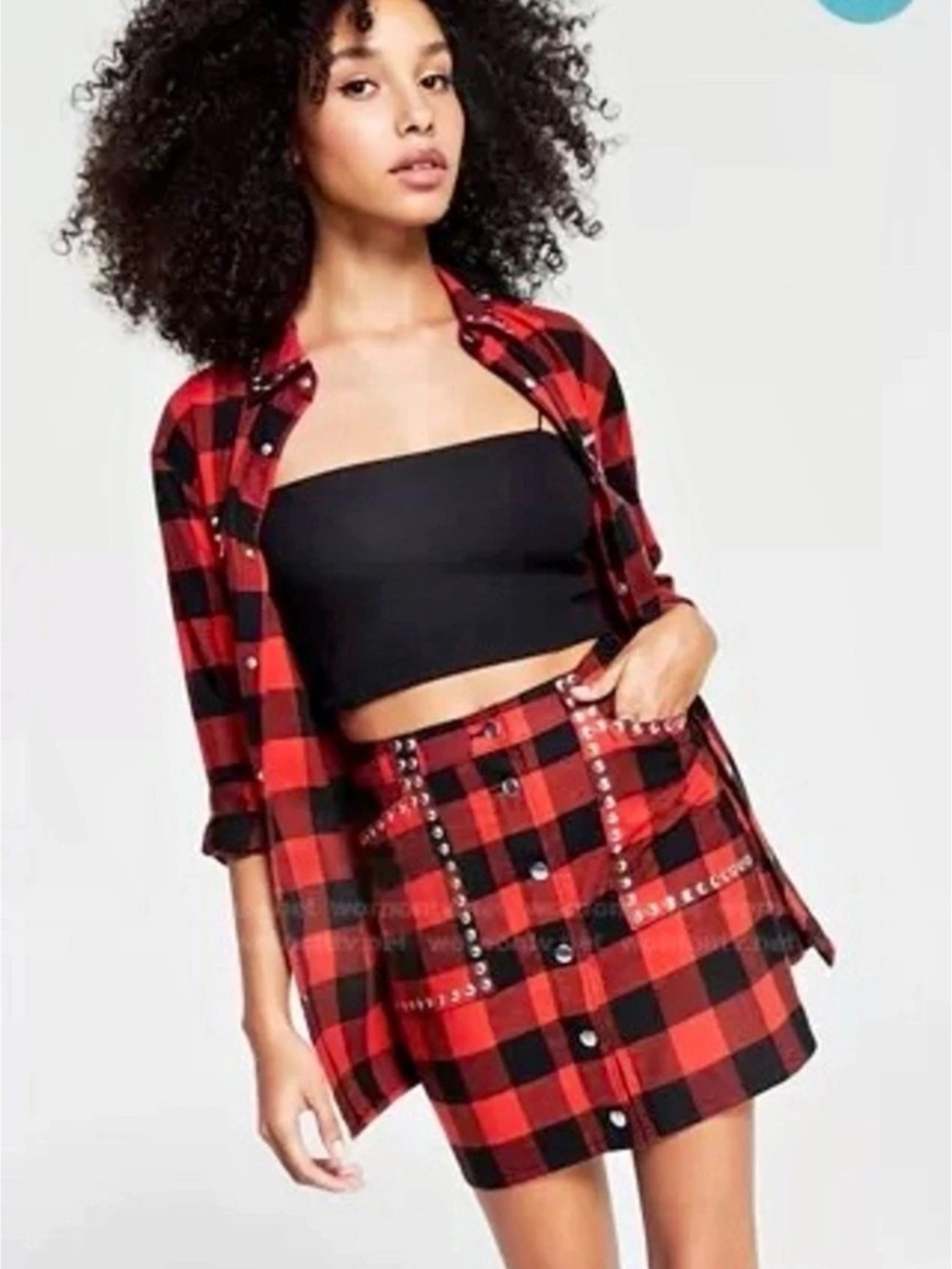 Bar III Buffalo Plaid Studded Mini Skirt Size 4